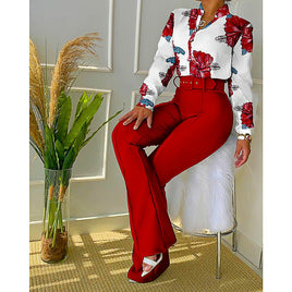 Pantsuit Dress Casual Fashion Suit Shirt & High Waist Pants Set Chic And Elegant D381 - Lusy Store