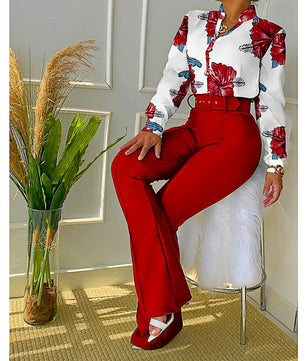 Pantsuit Dress Casual Fashion Suit Shirt & High Waist Pants Set Chic And Elegant D381 - Lusy Store