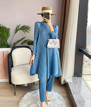 Pantsuit Dress Elastic Waist Pants Casual Style 2023 Pleated Suit Stand Collar Gauze D383 - Lusy Store