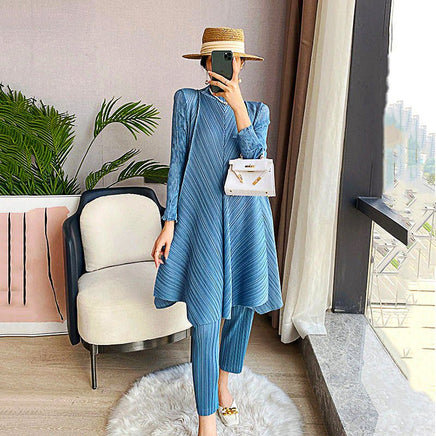 Pantsuit Dress Elastic Waist Pants Casual Style 2023 Pleated Suit Stand Collar Gauze D383 - Lusy Store