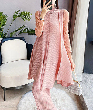 Pantsuit Dress Elastic Waist Pants Casual Style 2023 Pleated Suit Stand Collar Gauze D383 - Lusy Store