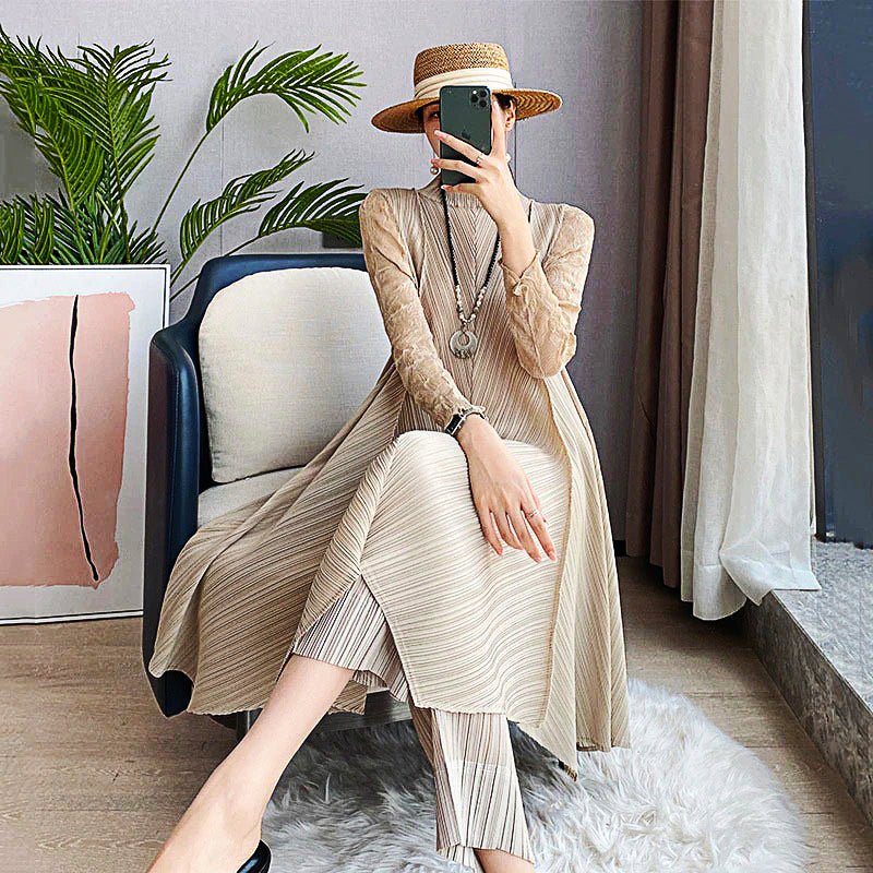 Pantsuit Dress Elastic Waist Pants Casual Style 2023 Pleated Suit Stand Collar Gauze D383 - Lusy Store
