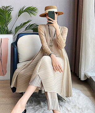 Pantsuit Dress Elastic Waist Pants Casual Style 2023 Pleated Suit Stand Collar Gauze D383 - Lusy Store