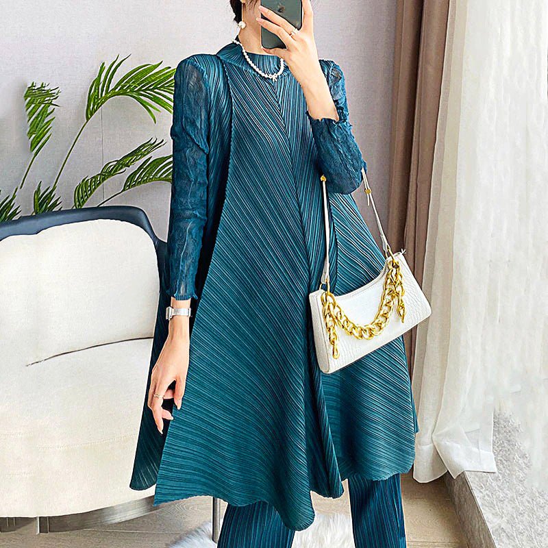 Pantsuit Dress Elastic Waist Pants Casual Style 2023 Pleated Suit Stand Collar Gauze D383 - Lusy Store