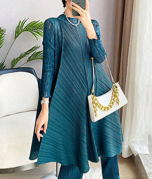 Pantsuit Dress Elastic Waist Pants Casual Style 2023 Pleated Suit Stand Collar Gauze D383 - Lusy Store