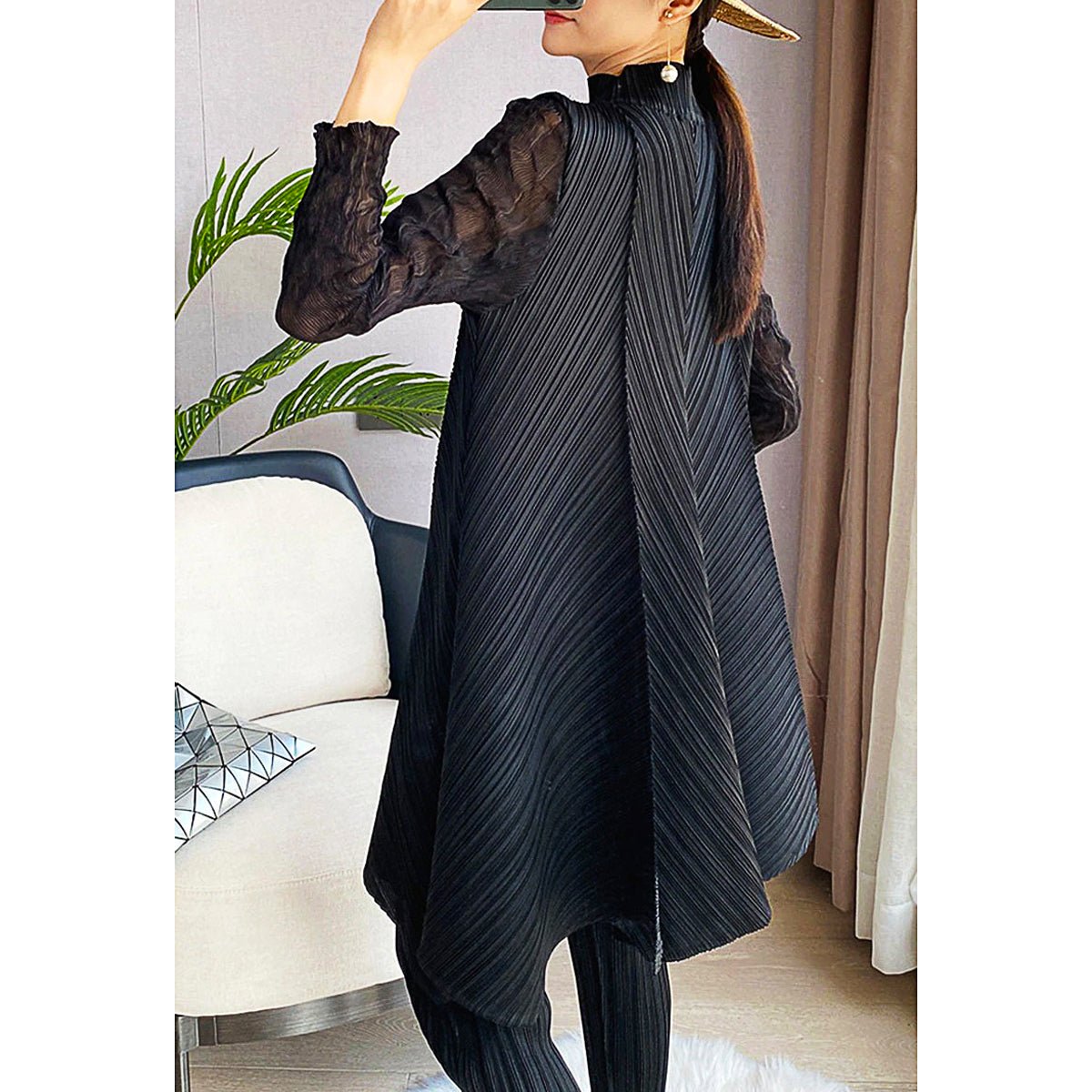 Pantsuit Dress Elastic Waist Pants Casual Style 2023 Pleated Suit Stand Collar Gauze D383 - Lusy Store