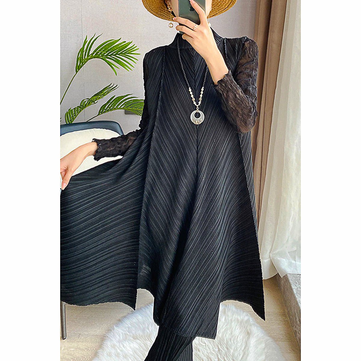 Pantsuit Dress Elastic Waist Pants Casual Style 2023 Pleated Suit Stand Collar Gauze D383 - Lusy Store