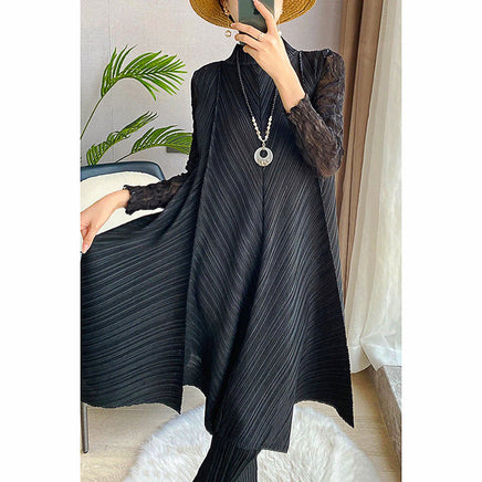 Pantsuit Dress Elastic Waist Pants Casual Style 2023 Pleated Suit Stand Collar Gauze D383 - Lusy Store