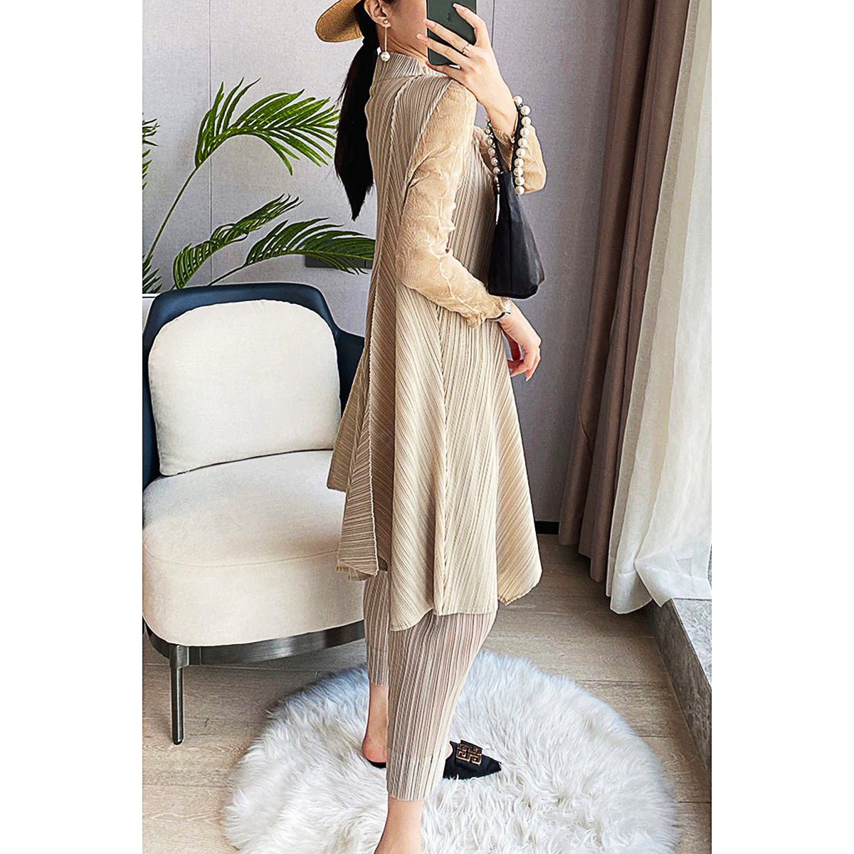 Pantsuit Dress Elastic Waist Pants Casual Style 2023 Pleated Suit Stand Collar Gauze D383 - Lusy Store
