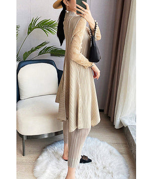Pantsuit Dress Elastic Waist Pants Casual Style 2023 Pleated Suit Stand Collar Gauze D383 - Lusy Store