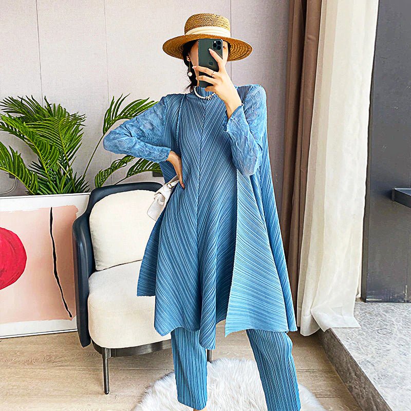 Pantsuit Dress Elastic Waist Pants Casual Style 2023 Pleated Suit Stand Collar Gauze D383 - Lusy Store