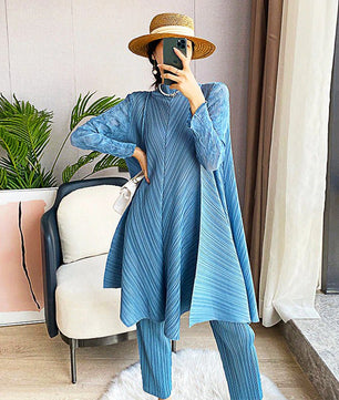 Pantsuit Dress Elastic Waist Pants Casual Style 2023 Pleated Suit Stand Collar Gauze D383 - Lusy Store