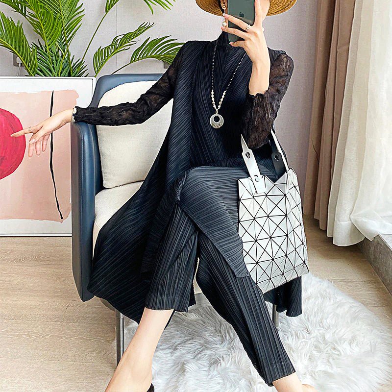 Pantsuit Dress Elastic Waist Pants Casual Style 2023 Pleated Suit Stand Collar Gauze D383 - Lusy Store