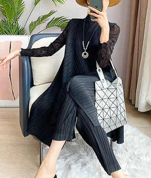 Pantsuit Dress Elastic Waist Pants Casual Style 2023 Pleated Suit Stand Collar Gauze D383 - Lusy Store