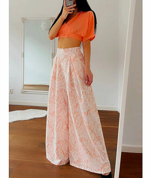 Pantsuit Dress New Bat Sleeve Shirt Wide-legged Pants Casual Set Elegant V-neck Office D382 - Lusy Store
