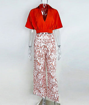 Pantsuit Dress New Bat Sleeve Shirt Wide-legged Pants Casual Set Elegant V-neck Office D382 - Lusy Store