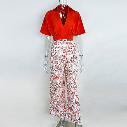 Pantsuit Dress New Bat Sleeve Shirt Wide-legged Pants Casual Set Elegant V-neck Office D382