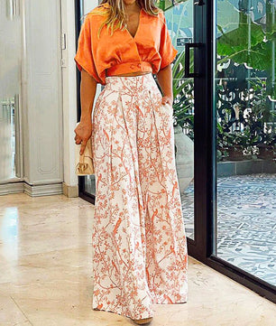 Pantsuit Dress New Bat Sleeve Shirt Wide-legged Pants Casual Set Elegant V-neck Office D382 - Lusy Store