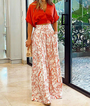 Pantsuit Dress New Bat Sleeve Shirt Wide-legged Pants Casual Set Elegant V-neck Office D382 - Lusy Store