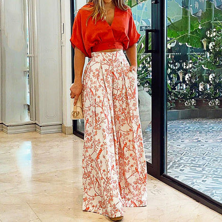 Pantsuit Dress New Bat Sleeve Shirt Wide-legged Pants Casual Set Elegant V-neck Office D382 Red