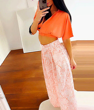 Pantsuit Dress New Bat Sleeve Shirt Wide-legged Pants Casual Set Elegant V-neck Office D382 - Lusy Store