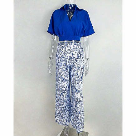 Pantsuit Dress New Bat Sleeve Shirt Wide-legged Pants Casual Set Elegant V-neck Office D382