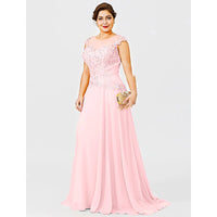 Plus Size Prom Dresses Gold Chiffon Lace Appliques Cap Short Sleeves Sheer D435 - Lusy Store
