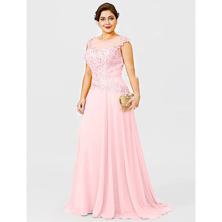 Plus Size Prom Dresses Gold Chiffon Lace Appliques Cap Short Sleeves Sheer D435 - Lusy Store