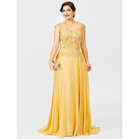 Plus Size Prom Dresses Gold Chiffon Lace Appliques Cap Short Sleeves Sheer D435 - Lusy Store