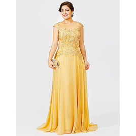Plus Size Prom Dresses Gold Chiffon Lace Appliques Cap Short Sleeves Sheer D435 - Lusy Store