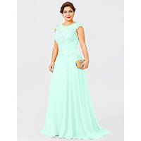 Plus Size Prom Dresses Gold Chiffon Lace Appliques Cap Short Sleeves Sheer D435 - Lusy Store