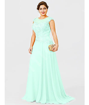 Plus Size Prom Dresses Gold Chiffon Lace Appliques Cap Short Sleeves Sheer D435 - Lusy Store
