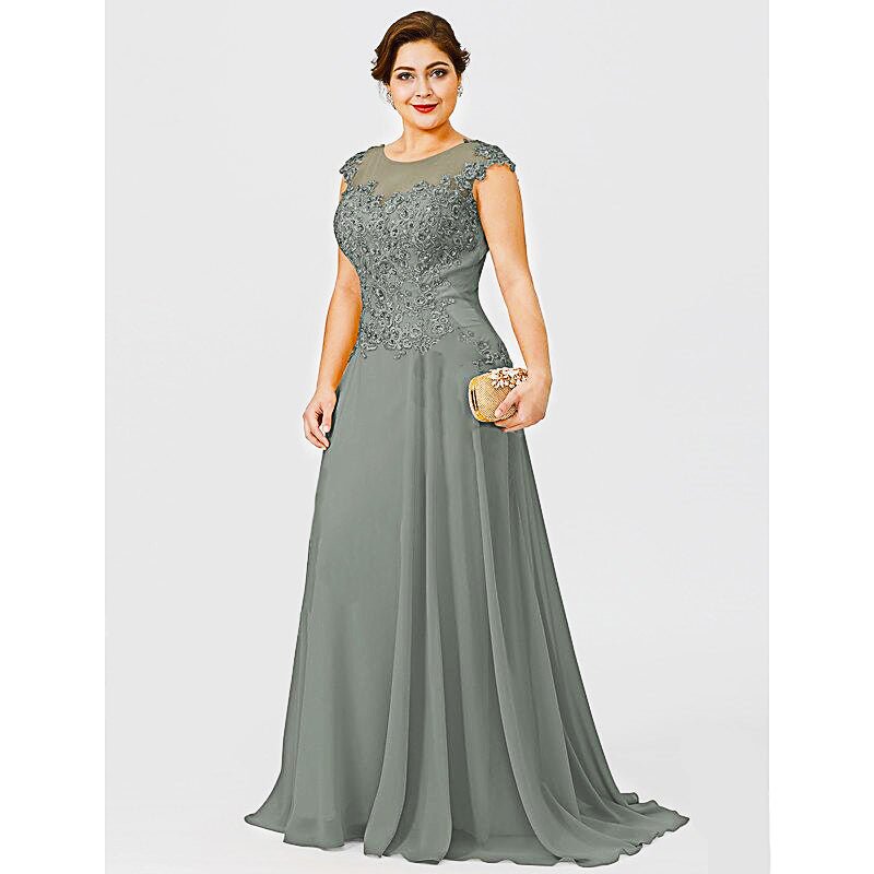 Plus Size Prom Dresses Gold Chiffon Lace Appliques Cap Short Sleeves Sheer D435 - Lusy Store