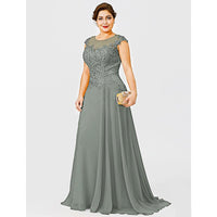 Plus Size Prom Dresses Gold Chiffon Lace Appliques Cap Short Sleeves Sheer D435 - Lusy Store