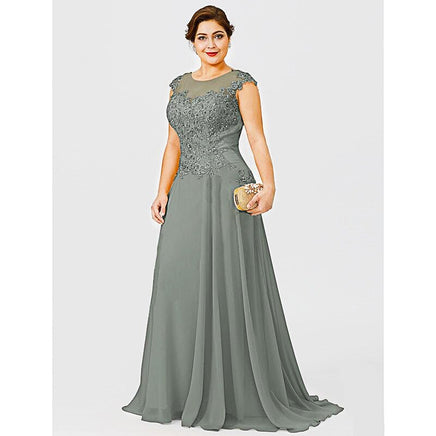Plus Size Prom Dresses Gold Chiffon Lace Appliques Cap Short Sleeves Sheer D435 - Lusy Store