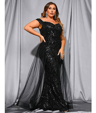 Plus Size Prom Dresses Off Shoulder Sequins Mesh Patchwork Prom Elegant Luxury Evening Party Garment D433 - Lusy Store