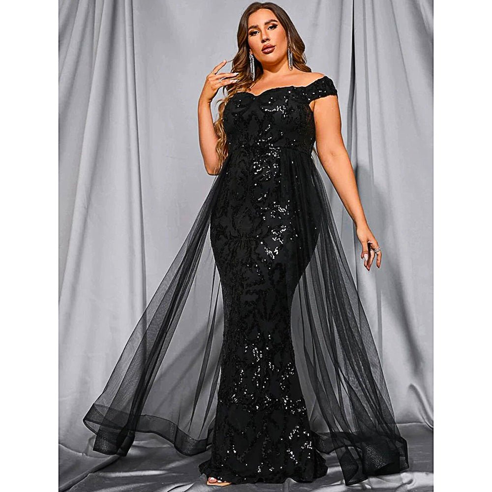 Plus Size Prom Dresses Off Shoulder Sequins Mesh Patchwork Prom Elegant Luxury Evening Party Garment D433 - Lusy Store