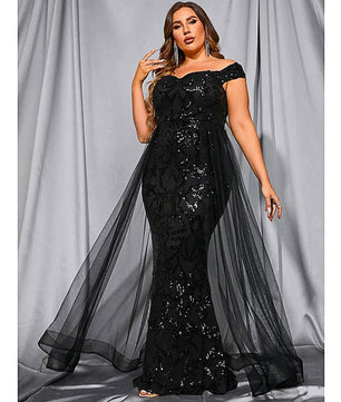 Plus Size Prom Dresses Off Shoulder Sequins Mesh Patchwork Prom Elegant Luxury Evening Party Garment D433 - Lusy Store
