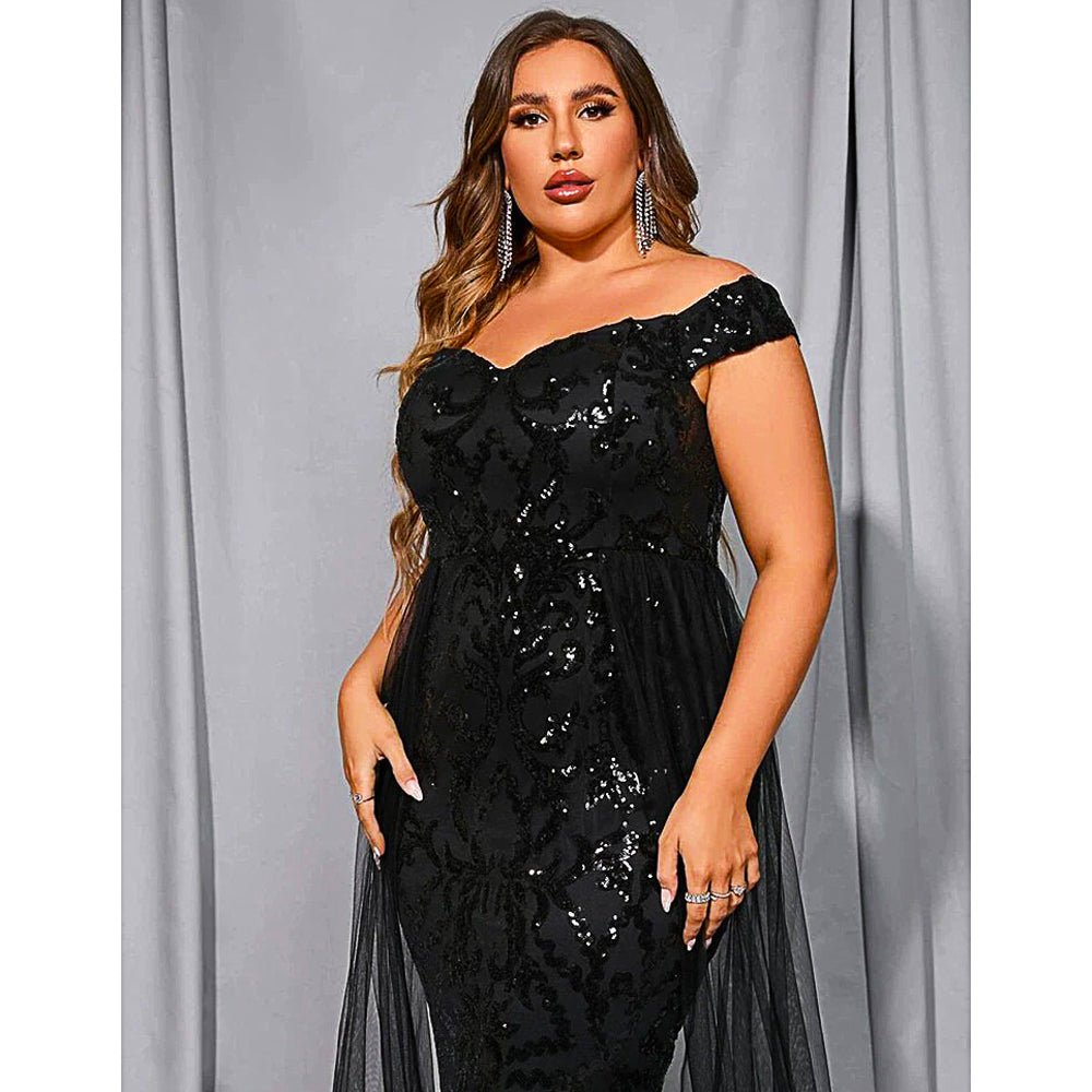 Plus Size Prom Dresses Off Shoulder Sequins Mesh Patchwork Prom Elegant Luxury Evening Party Garment D433 - Lusy Store
