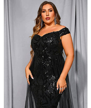 Plus Size Prom Dresses Off Shoulder Sequins Mesh Patchwork Prom Elegant Luxury Evening Party Garment D433 - Lusy Store