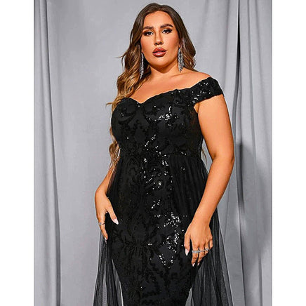 Plus Size Prom Dresses Off Shoulder Sequins Mesh Patchwork Prom Elegant Luxury Evening Party Garment D433