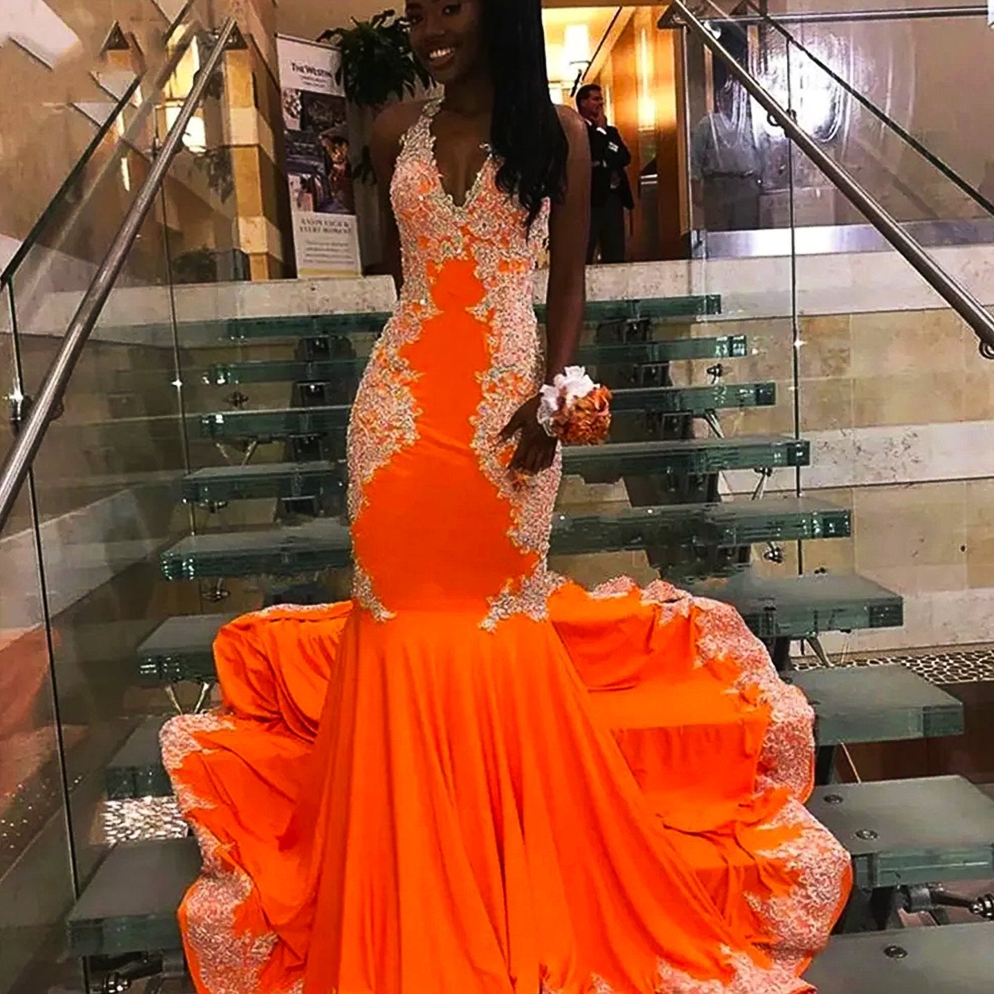 Plus Size Prom Dresses Orange Halter Long Mermaid Girl Formal Evening Party Gowns D428 - Lusy Store