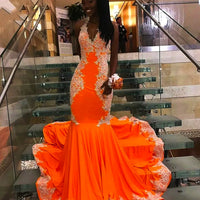 Plus Size Prom Dresses Orange Halter Long Mermaid Girl Formal Evening Party Gowns D428 - Lusy Store