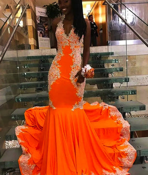 Plus Size Prom Dresses Orange Halter Long Mermaid Girl Formal Evening Party Gowns D428 - Lusy Store