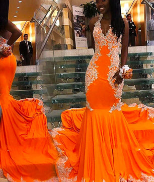 Plus Size Prom Dresses Orange Halter Long Mermaid Girl Formal Evening Party Gowns D428 - Lusy Store