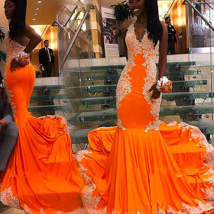 Plus Size Prom Dresses Orange Halter Long Mermaid Girl Formal Evening Party Gowns D428 - Lusy Store