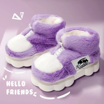 Plush Slippers Cotton Warm Shoes Plush Lining Indoor Couple Slides Platform High Top Home Slippers Purple-rabbit