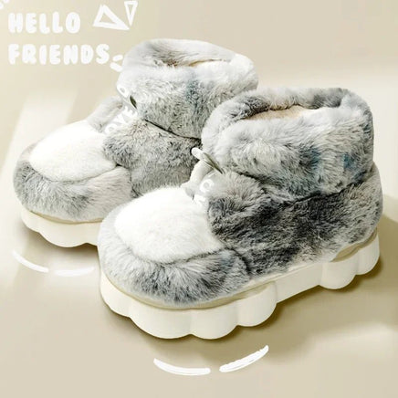 Plush Slippers Cotton Warm Shoes Plush Lining Indoor Couple Slides Platform High Top Home Slippers Grey