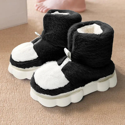 Plush Slippers Cotton Warm Shoes Plush Lining Indoor Couple Slides Platform High Top Home Slippers Black-high-tops