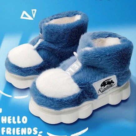 Plush Slippers Cotton Warm Shoes Plush Lining Indoor Couple Slides Platform High Top Home Slippers Blue-rabbit